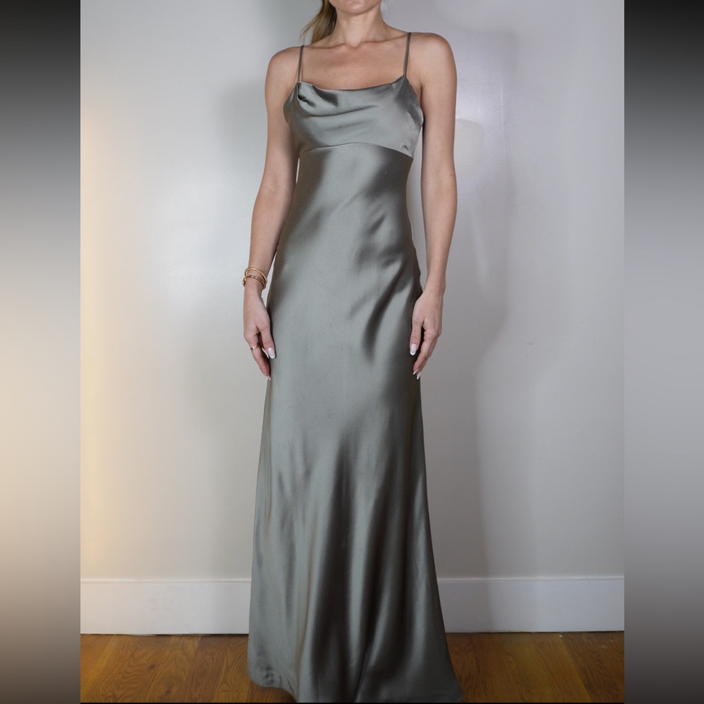 Jenny Yoo Satin Maxi Dress in Sage